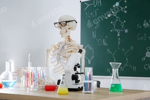 Preview: Skeleton and different chemistry glassware in classroom