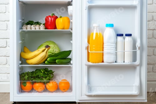 Preview: Open Refrigerator Door With Juice, Milk, and Fresh Produce