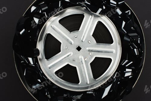 Preview: Top View of Old Film Reel And Tape in Case Isolated on Black