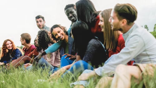 Preview: diverse group of people have fun in park city. Young friends enjoy together. Diversity lifestyle