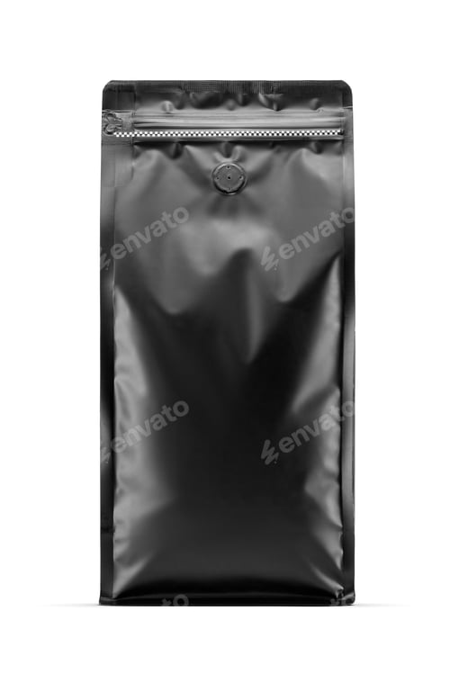 Preview: Clean black foil pouch bag with air valve and zip seal for coffee packaging isolated on white.