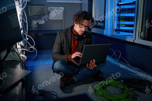 Preview: A system administrator working in server room using laptop