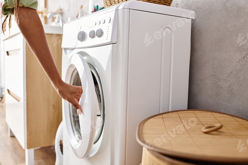 Preview: Afro woman introducing washing machine to laundry haven