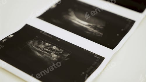 Preview: Collection of images from ultrasound scan examination. Action. Close up of monochrome images of