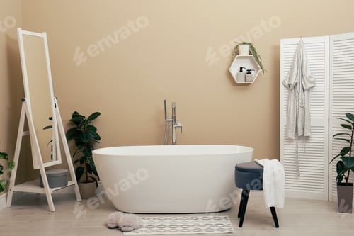Preview: Cozy bathroom interior with stylish ceramic tub