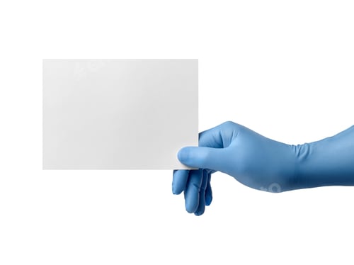 Preview: Gloved Hand Holding White Card on White Background