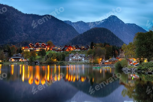 Preview: Grundlsee lake in Alps mountains. Night scene