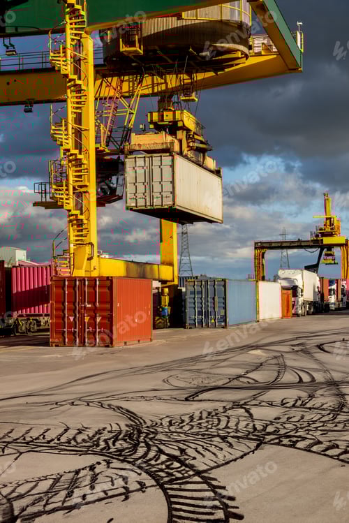 Preview: A crane loading container boxes at a busy commercial dock