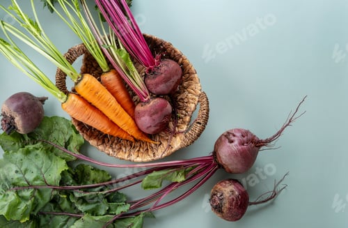 Preview: Freshly bunch harvest. Fresh farm vegetables in wicker basket. Healthy organic food