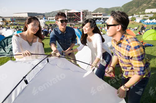 Preview: Friends Set up Tent at Outdoor Festival