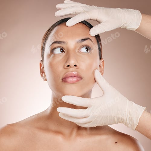 Preview: Plastic surgery, botox and hands check woman face for laser, beauty implant or cosmetic salon. Skin