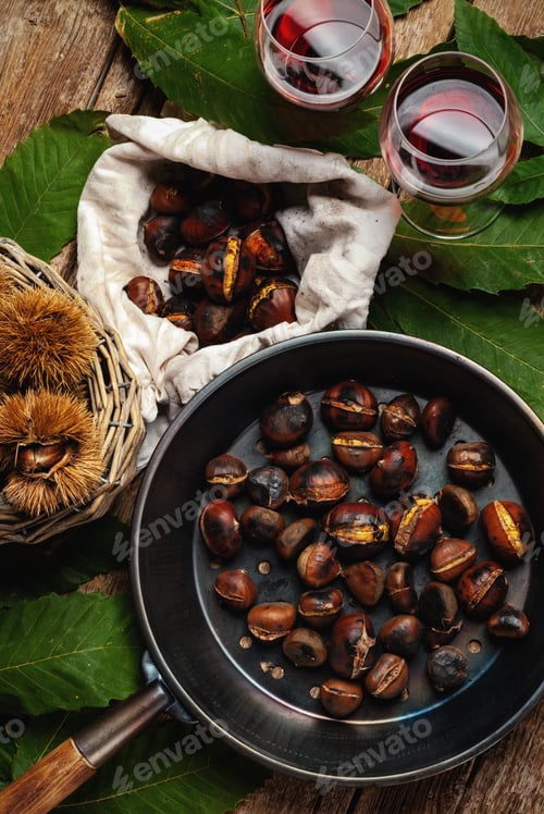 Preview: Roasted chestnuts in iron skillet