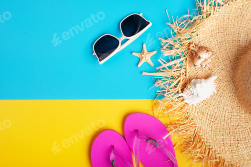 Preview: Straw hat sunglesses flip flops and shells on yellow and blue background vacation planning mockup