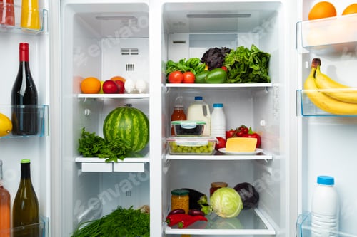 Preview: Open fridge full of fruits, vegetables and drinks