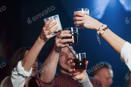 Preview: Let's drink for our happiness. Group of young friends smiling and making a toast in the nightclub