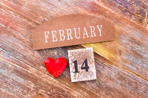 Preview: Red Heart With A Calendar On February 14 On Wooden Cbackground. Concept Of Love, Wedding, Romance