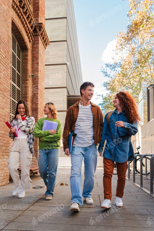 Preview: Vertical. Group of smiling high school teenage students walking before starting class, talking