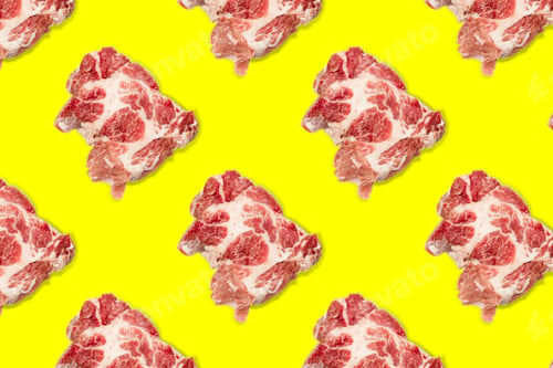 Preview: Seamless food pattern with raw pork meat slices on yellow background, beef steaks.Food flatly