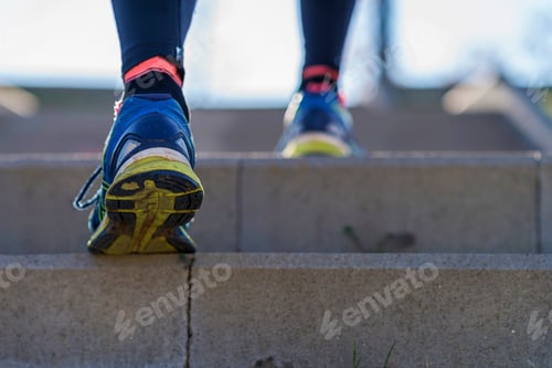 Preview: Practice, close up of senior man running up the stairs