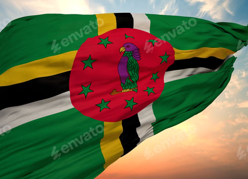 Preview: Closeup view of the flag of the Dominica on a background of sunset