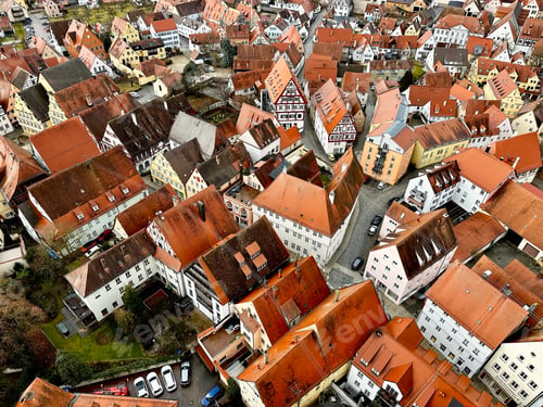 Preview: Abstract Geometric Pattern From Old Town Roofs With Orange Red Colored Shingle In Nordlingen Germany