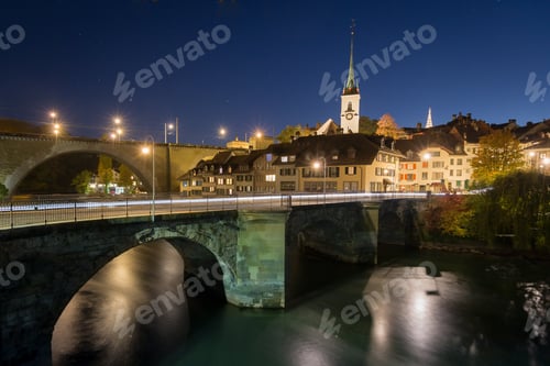 Preview: Night view of the Old City of Bern and the bridge over Aare river, Switzerland