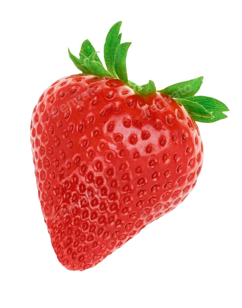 Preview: Closeup of red strawberry isolated on white background for packaging design. Whole berry isolated.