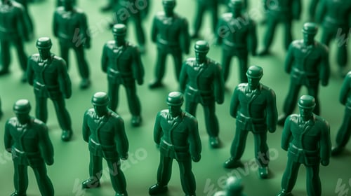 Preview: Plastic green army men in formation at attention.