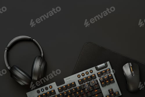 Preview: Headphones, computer mouse and keyboard on black background
