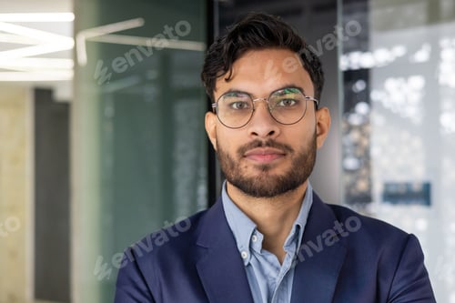 Preview: Close-up portrait of a serious young Indian man in a business suit and glasses in the office