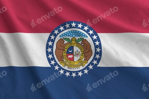Preview: Missouri US state flag depicted on folded wavy fabric of old cloth