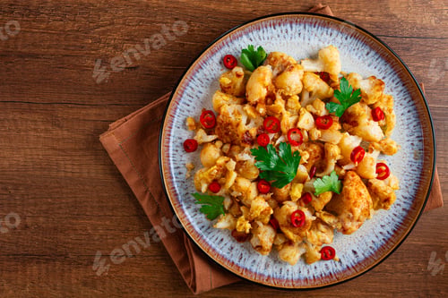 Preview: spicy fried cauliflower served on a wooden countertop,