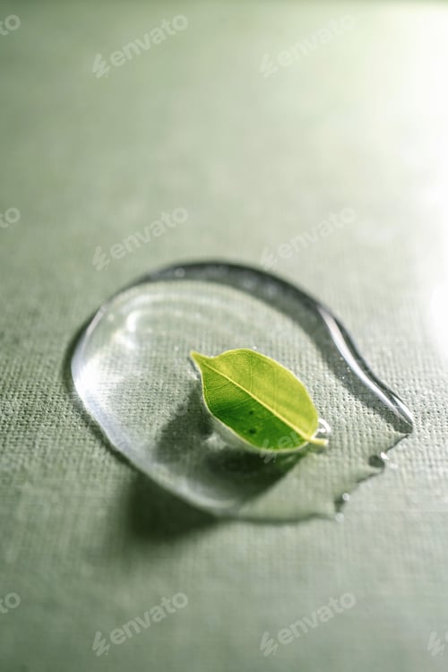Preview: The gel drop with a green leaf on a green background.
