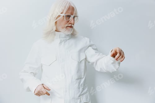 Preview: Fashionable senior man in a stylish white outfit adjusting his sleeve against a clean white