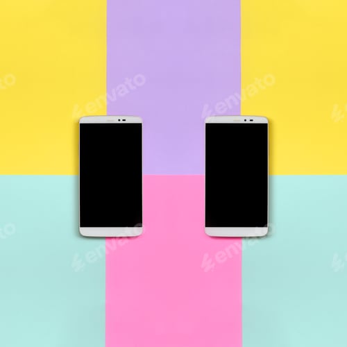 Preview: Two modern smartphones with black screens on texture background of fashion pastel blue