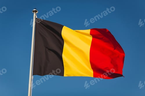 Preview: Flag of Belgium on mast. National flag against wind blue sky