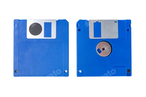 Preview: Old blue floppy disks showing front and back views on a plain background