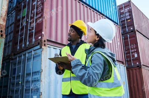 Preview: Logistics, shipping management and checklist for cargo stock with man and woman talking delivery at