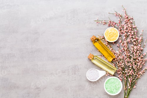 Preview: Beauty and fashion concept with spa set on pastel rustic wooden background.