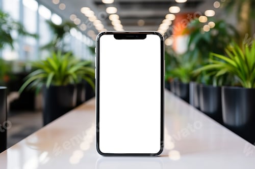 Preview: smartphone show white screen placed on white table surrounded by flowers. Mockup Blank smartphone
