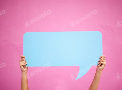 Preview: Social media, hands and communication speech bubble mockup or opinion, review or feedback space for