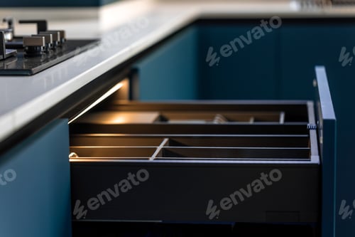 Preview: Pull out cutlery organizer. LED drawer lighting. Blue minimal kitchen