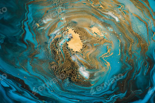 Preview: Acrylic Fluid Art. Blue turquoise waves and gold spots inclusions. Abstract space background
