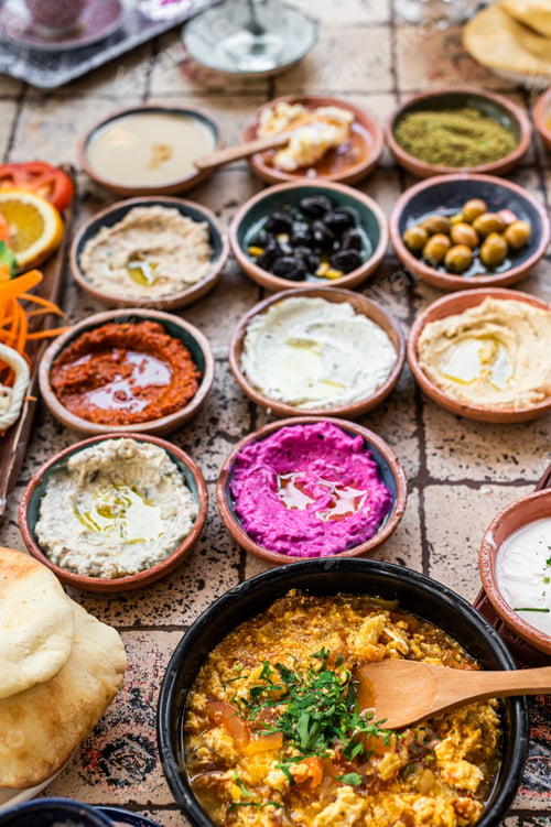 Preview: Turkish Village breakfast table served in a restaurant. Top view