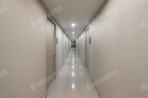 Preview: Empty condo, hotel or apartment corridor hallway in condominium building, modern walkway