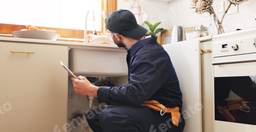 Preview: Plumber, house and handyman with clipboard, quality control and service with expert. Employee, cont