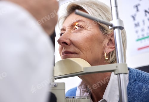 Preview: Eye exam, vision or laser test for a woman with a machine at optometry consultation for retina prob