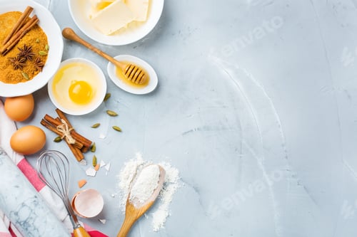 Preview: Baking cooking ingredients on a kitchen table