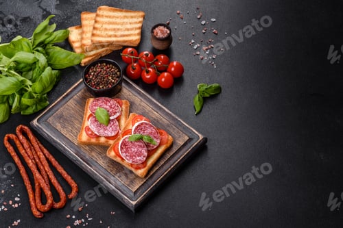 Preview: Spanish dried sausage salami on a dark concrete background