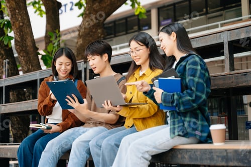 Preview: Young Asian People college students and a female student group work at the campus park in morning